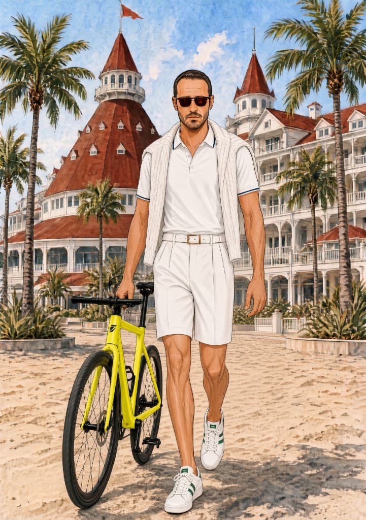 Coach Louie walking on the sand with a bicycle, the Hotel del Coronado behind him