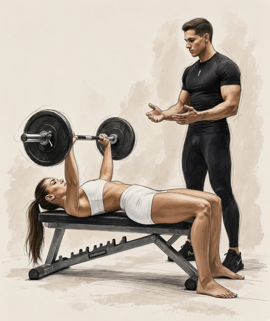 Woman bench pressing while a coach stands beside her